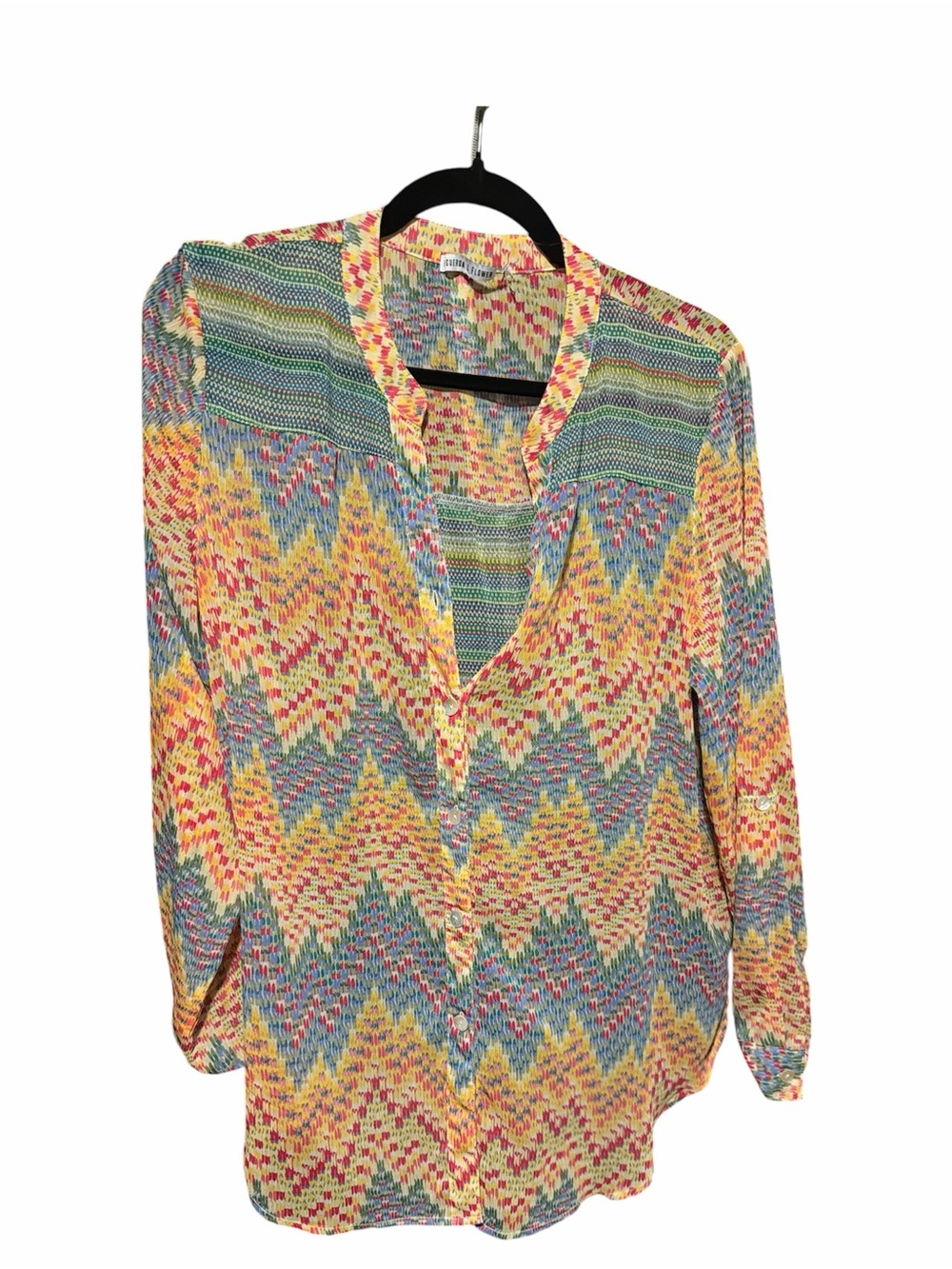 V-Neck Chevron Print Blouse in Yellow, Blue & Pink